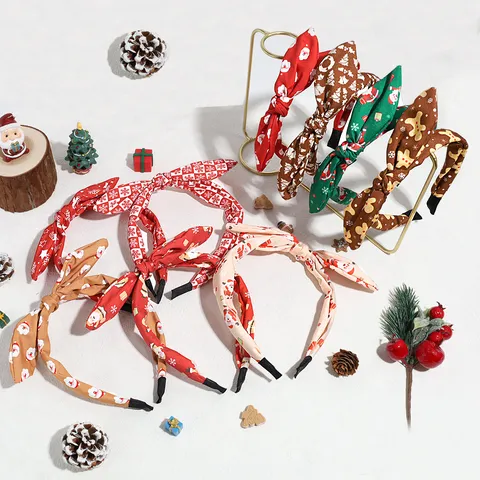 Serre Tête Nœud de Noël pour Femmes Imprimé Père Noël Flocon de Neige en Tissu Accessoire de Cheveux Festif Élégant