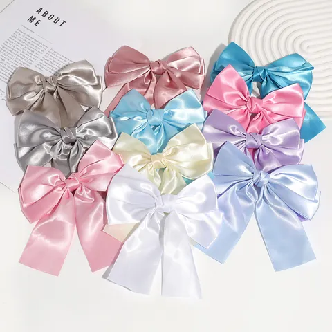 Vintage Satin Bow Hair Clip With Long Streamer For Women Retro Large Ribbon Bowknot Duckbill Clip Fashion Hair Accessories For Girls