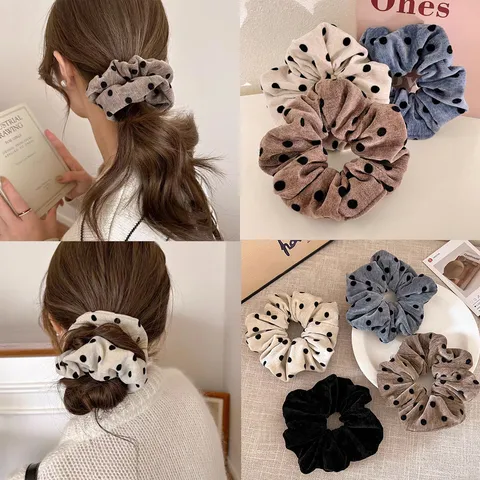 Vintage Polka Dot Plush Scrunchie Autumn Winter Soft Fabric Hair Tie Large Hair Ring Fashion Elastic Ponytail Holder Accessories For Women