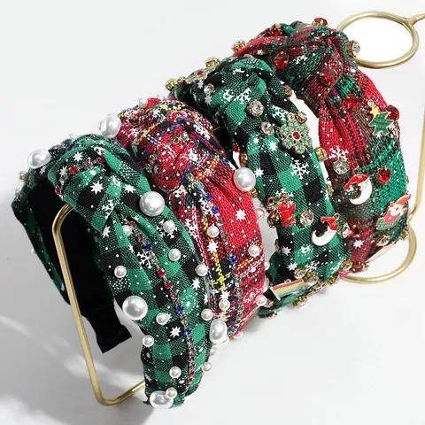 Serre-Tête Noué à Carreaux de Noël Vintage Avec Perle Artificielle Strass Flocon de Neige Pendentif Lune Rétro Bandeau Festif pour Fête Femme Accessoires