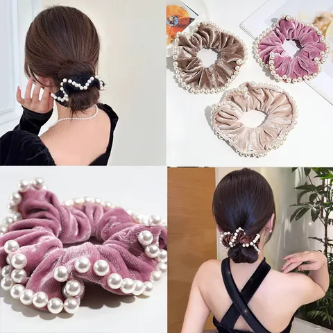 Women Elegant Velvet Artificial Pearl Scrunchies Vintage High Elasticity Hair Ties Fashion Ponytail Holder Hair Accessories