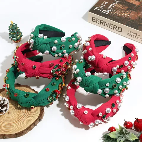 Christmas Knotted Headband For Women Fabric Artificial Pearl Rhinestone High Cranium Hair Band Festive Party Accessories
