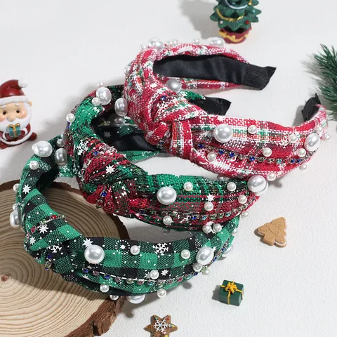 Serre-Tête Noué à Carreaux de Noël Vintage Avec Perle Artificielle Strass Flocon de Neige Pendentif Lune Rétro Bandeau Festif pour Fête Femme Accessoires