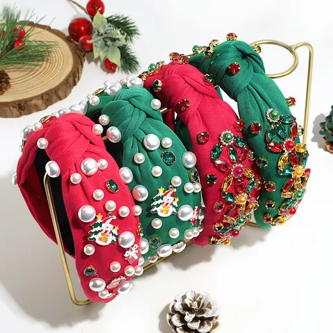 Christmas Knotted Headband For Women Fabric Artificial Pearl Rhinestone High Cranium Hair Band Festive Party Accessories