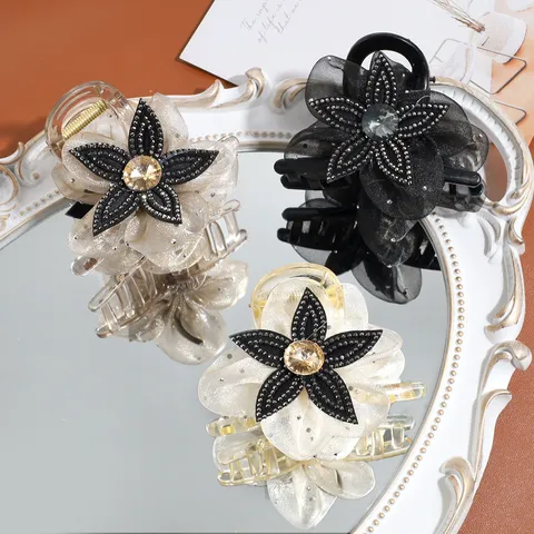 Elegant Korean Style Mesh Flower Hair Claw Clip With Rhinestone Artificial Pearl Large Shark Clip Fashion Hair Accessories