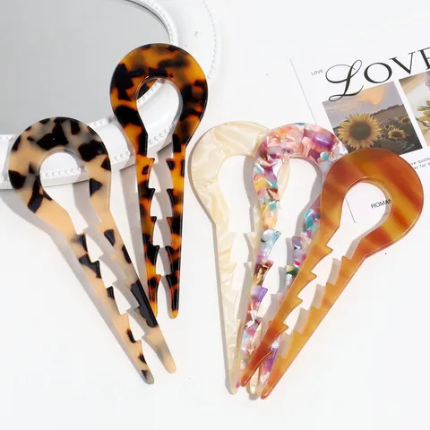 Acetat Leopardenmuster U-Form Haarnadel Gezahnte Haargabel Für Damen Mode Haarschmuck Schildpatt Kontrastfarbe Haarpin Für Dutt