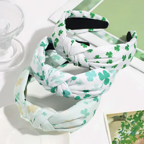 Stoff Geknotet Haarband Für Damen Frisch Kleeblatt Floral Print Breit Haarreif Wald-Stil Hoch-Top Haar-Accessoires