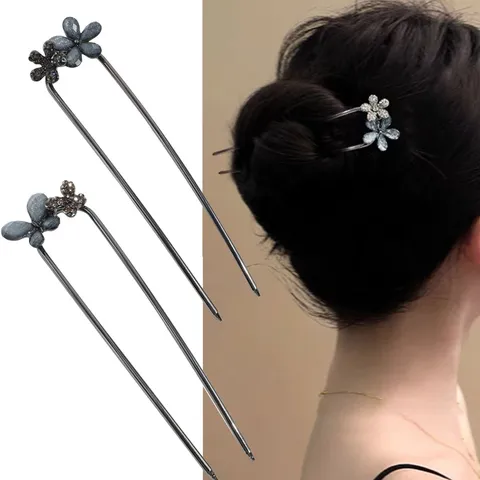 Crystal Flower U-Shaped Hair Stick Butterfly Rhinestone Hairpin Vintage Elegant Hair Accessories Alloy Tassel Hair Fork For Women Wedding Party