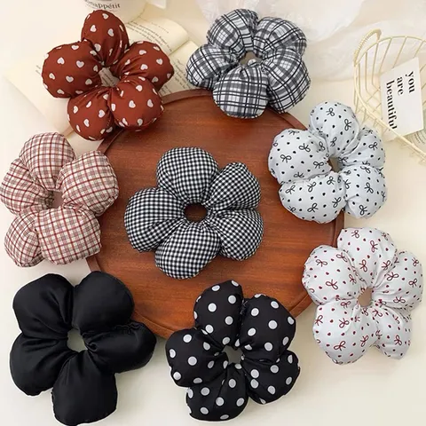 Fashion Bow Gingham Flower Hair Scrunchie Sweet Sponge Cloud Ponytail Hair Rope Checkered Polka Dot Floral Hair Accessories For Women Girls