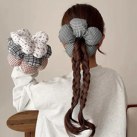 Fashion Bow Gingham Flower Hair Scrunchie Sweet Sponge Cloud Ponytail Hair Rope Checkered Polka Dot Floral Hair Accessories For Women Girls