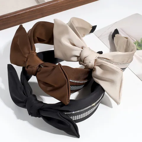 Fashion Satin Bow Knot Headband For Women Houndstooth Rhinestone Elegant Wide Hair Hoop Handmade Headwear Accessory