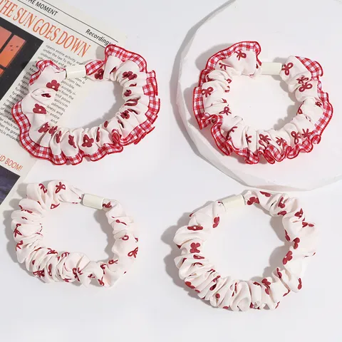 Sweet Red Gingham Lace Floral Bow Print Hair Scrunchie Elastic Fabric Ponytail Holder Hair Tie For Women Daily Fashion