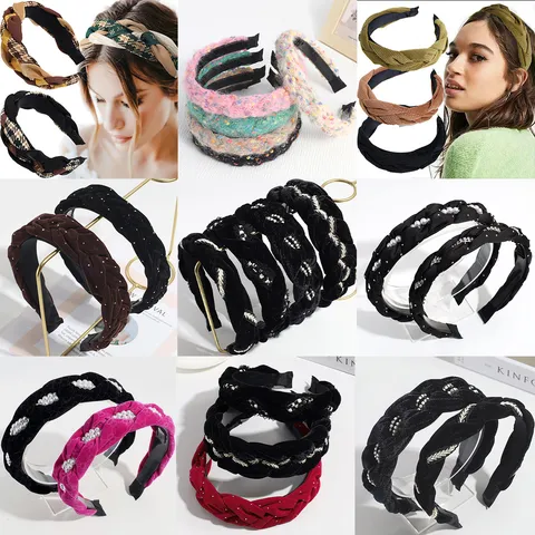 Elegant Velvet Braided Twist Headband For Women Fashion Solid Color Houndstooth Fabric Hair Band Autumn Winter Decorative Headwear Gift