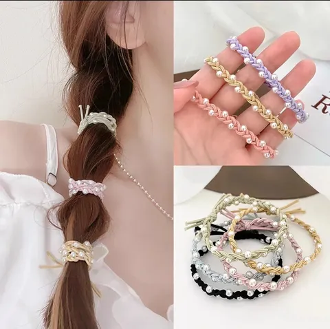 Elegant Korean Style Polyester Braided Hair Ties With Artificial Pearl Geometric Charm High Elasticity Hair Bands For Women Daily