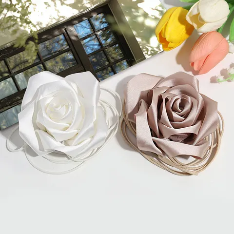 French Elegant Satin Rose Flower Choker Necklace For Women Vintage Handmade Fabric Floral Clavicle Chain Neckband Accessory Gift
