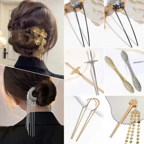 Crystal Flower U-Shaped Hair Stick Butterfly Rhinestone Hairpin Vintage Elegant Hair Accessories Alloy Tassel Hair Fork For Women Wedding Party