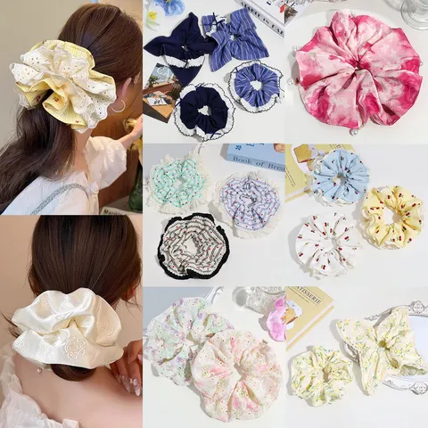 French Elegant Fabric Lace Ruffle Scrunchie Sweet Ribbon Bow Hair Tie Cute Floral Stripe Large Elastic Hair Bands For Women Girls Daily Hair Accessories