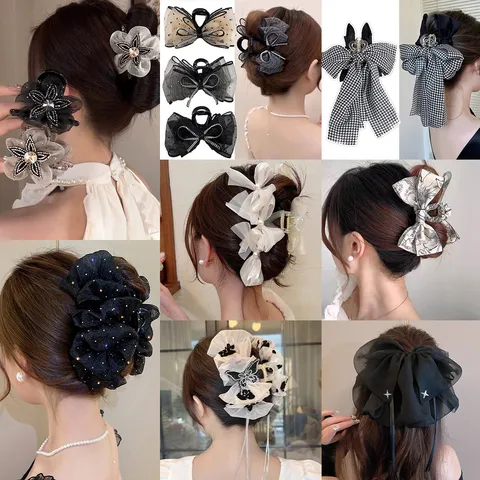 Elegant Korean Style Mesh Flower Hair Claw Clip With Rhinestone Artificial Pearl Large Shark Clip Fashion Hair Accessories
