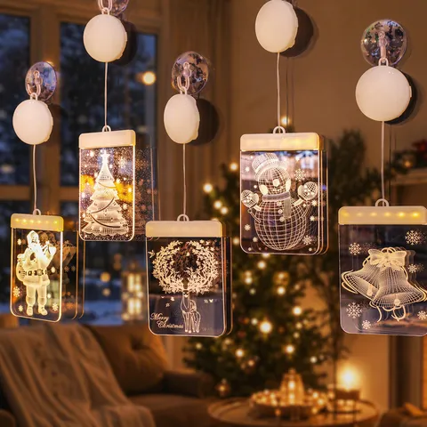 Weihnachts LED Hängelampen 3D Acryl Saugnapf Fensterlampe Batteriebetrieben Warmweiß Für Feiertagsparty Dekor