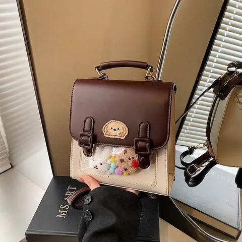 Preppy Stijl Mini PU Leren Rugzak Voor Dames Vintage Ita Tas Met Transparant Venster Schattige Cartoon Hond Patch Tas