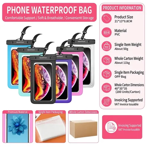 Bolsa Impermeable Universal Para Teléfono PVC Pantalla Táctil Compatible Cordón Cuello Natación Buceo Estuche Protección Subacuática
