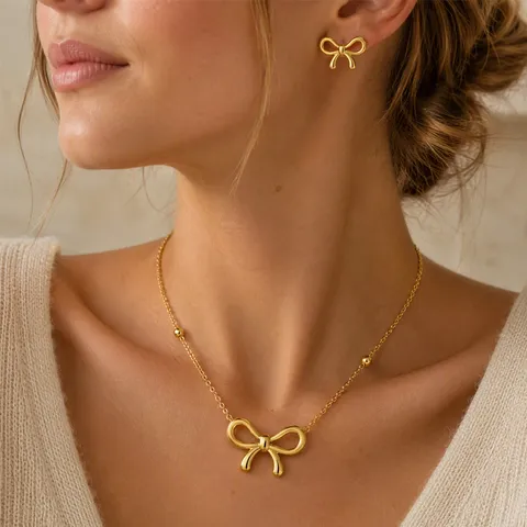 Elegante Schleife Edelstahl Vergoldet Halskette Und Ohrstecker Für Frauen Minimalistischer Modeschmuck