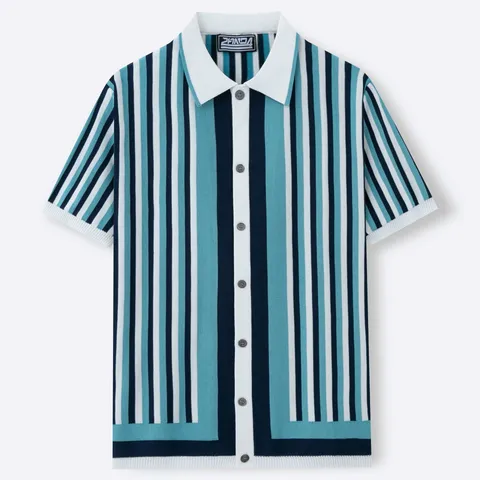 Men's Casual Short Sleeve Striped Knitted Polo Shirt Vintage Vertical Striped Button Down Viscose Knit Cardigan Top For Men