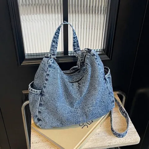 Sac Hobo en Denim Vintage Grande Capacité pour Femmes Décontracté Multi Poche Sac Bandoulière Sangle Réglable Sac à Main en Denim Rétro