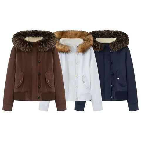Women's Winter Hooded Parka Jacket With Detachable Faux Fur Collar Fleece Lined Warm Padded Coat Ribbed Trim Pockets