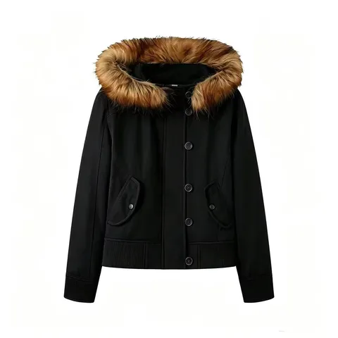 Women's Winter Hooded Parka Jacket With Detachable Faux Fur Collar Fleece Lined Warm Padded Coat Ribbed Trim Pockets
