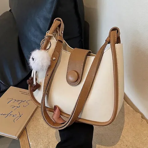 Women PU Leather Saddle Underarm Bag Color Block Retro Shoulder Crossbody Purse with Plush Monster Charm Korean Style