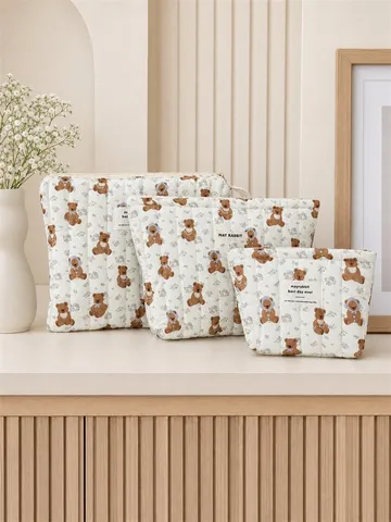 Neceser De Maquillaje Acolchado Lindo Oso De Dibujos Animados Estampado Floral Algodón Cremallera Organizador Para Mujer Estilo Coreano