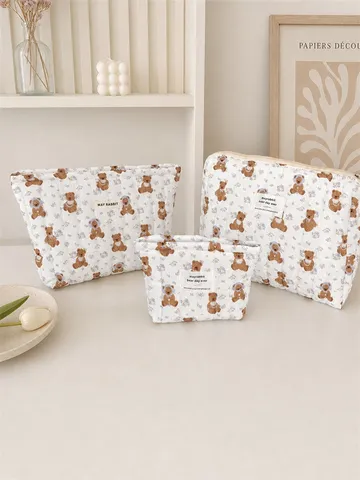 Neceser De Maquillaje Acolchado Lindo Oso De Dibujos Animados Estampado Floral Algodón Cremallera Organizador Para Mujer Estilo Coreano