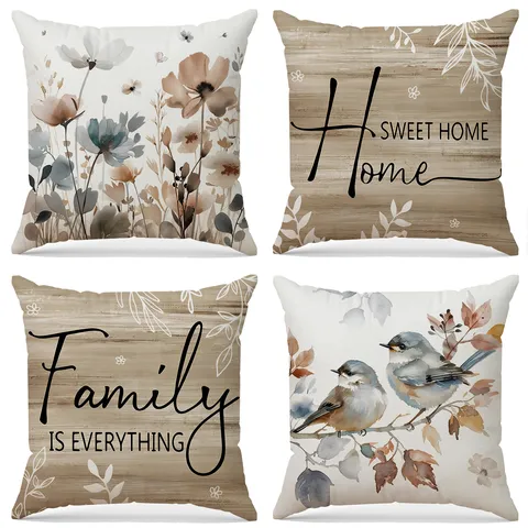 Polyester Decorative Pillowcase Autumn Floral Letter Print Cushion Cover Square Home Living Room Sofa Pillow Case