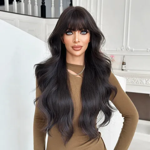 Parrucca Sintetica Lunga Body Wave da Donna Con Frangia Piatta Aspetto Naturale Fibra Opaca Resistente al Calore Accessorio per Capelli