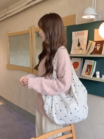 Koreanischer Stil Gestreift Pünktchen Segeltuch Totebag Große Kapazität Umhängetasche Lässige Crossbody Pendler Tasche Für Frauen