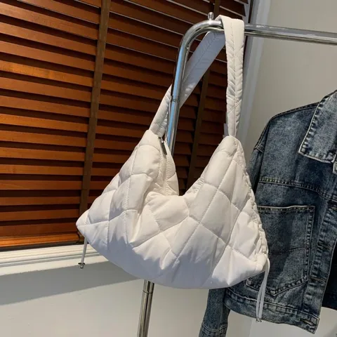 Large Quilted Cotton Shoulder Bag For Women Rhombic Grid Hobo Bag With Drawstring Side Detail Solid Color Fashion Tote Bag Daily Street Handbag