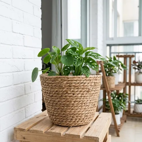 Handgeweven Bloempotmand Natuurlijk Stro Plantenbak Met Waterdichte Plastic Voering Boho Woondecoratie