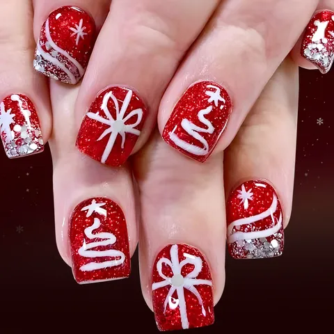 Christmas Red Glitter Press On Nails White Snowflake Tree Bow Design Glossy Short Square Fake Nails For Holiday Women