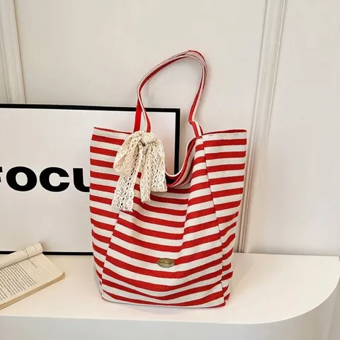 Bolso de Mano de Lona de Gran Capacidad para Mujer Rayas Rojas y Blancas Con Lazo de Encaje Bolso de Hombro para Compras Escuela