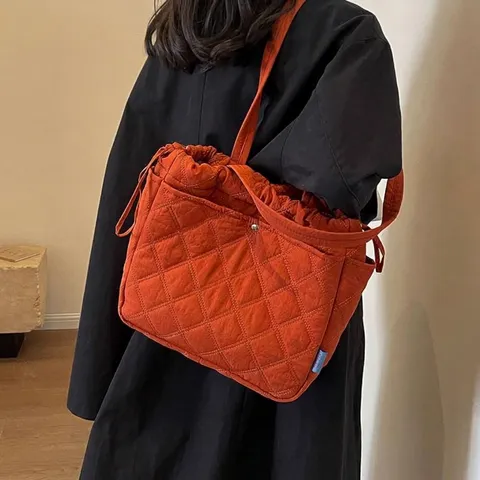 Women Quilted Tote Bag Large Capacity Nylon Rhombic Shoulder Bag Korean Style Casual Drawstring Fashion Commuting Handbag