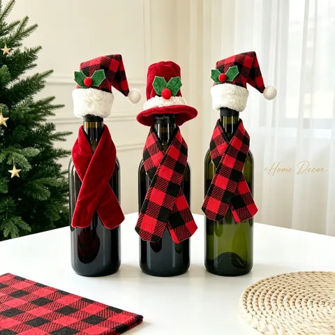 Christmas Wine Bottle Cover Decor Mini Hat And Scarf Red Plaid Cloth Festive Table Decoration Novelty Accessory