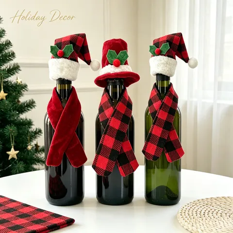 Christmas Wine Bottle Cover Decor Mini Hat And Scarf Red Plaid Cloth Festive Table Decoration Novelty Accessory