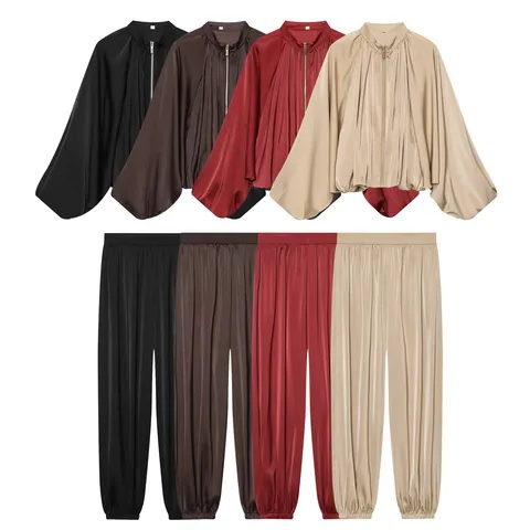 Women's Western Satin Puff Sleeve Bomber Jacket and Lantern Harem Pants Top and Bottom Casual High Gloss Outfit