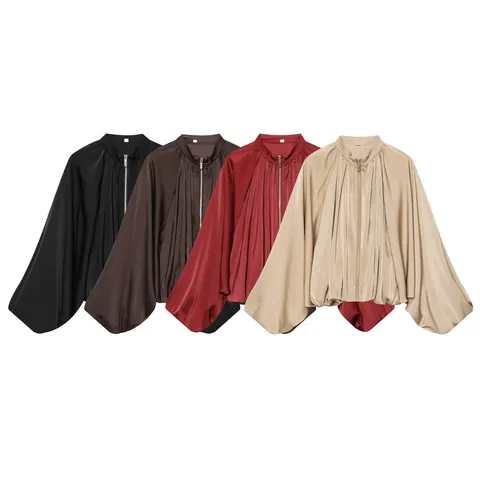 Women's Western Satin Puff Sleeve Bomber Jacket and Lantern Harem Pants Top and Bottom Casual High Gloss Outfit