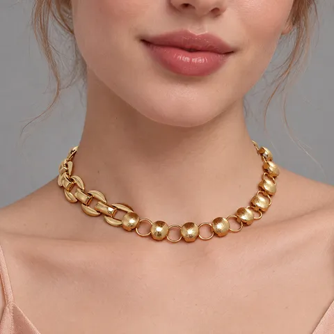 18K Gold Plated Stainless Steel Chunky Link Necklace Spliced Matte Round Bead O-Chain Adjustable For Women Jewelry Gift