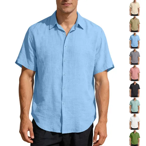 Chemise Homme Manches Courtes Décontractée Mélange De Lin Respirant Couleur Unie Col Revers Boutonné Été