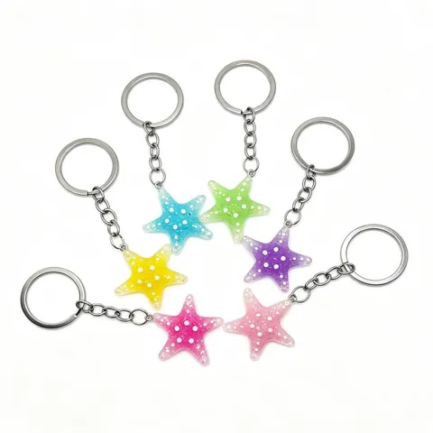 Fresh Sweet Resin Starfish Pendant Keychain Glitter Marine Life Bag Charm For Women Gift Beach Vacation Key Ring Ornament