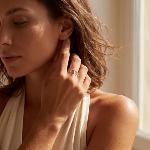 Anillo Abierto de Plata de Ley 925 con Cadena de Flecos y Strass para Mujer Anillo Ajustable Geométrico Aspecto Diamante de Laboratorio Regalo