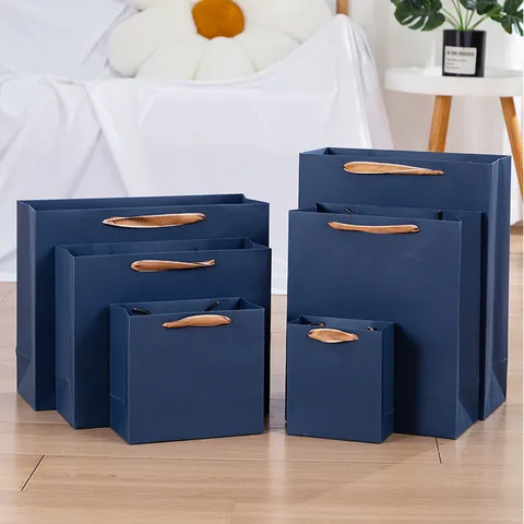 Luxus Dunkelblau Spezialpapier Geschenktüte Mit Elegantem Bandgriff Einfarbig Flachboden Tragetasche Für Hochzeit Geburtstag Geschenkverpackung Business Shopping